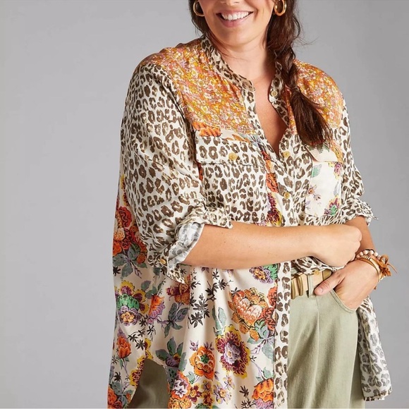 Pilcro Anthropologie Relaxed Button Down Tunic/Shirt Leopard Animal Sz XS - Picture 5 of 10